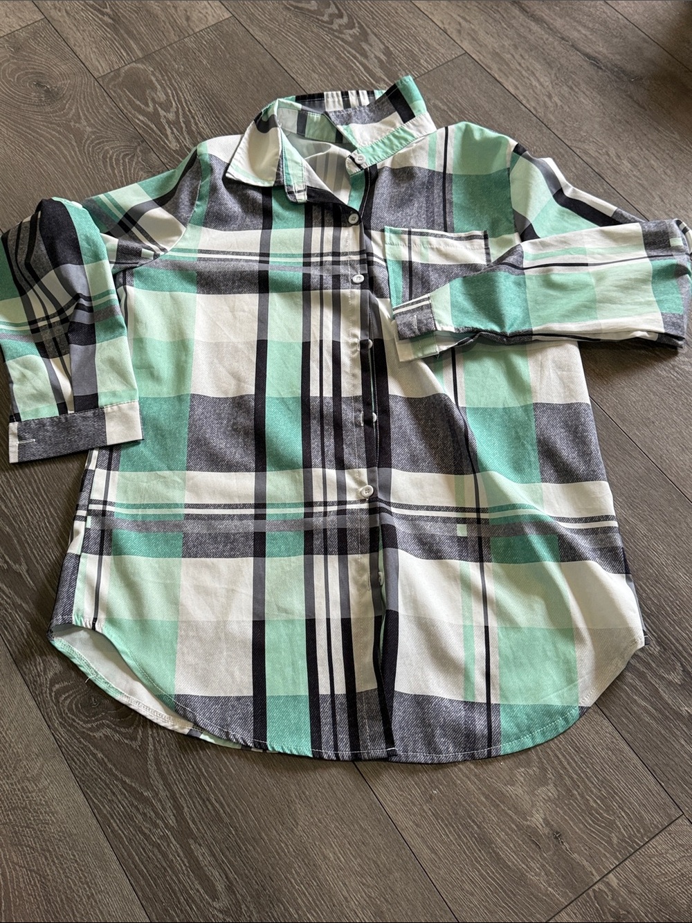 SHEIN Mint Green Black White Plaid Button-Up Shirt nwot